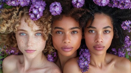 Wall Mural - three beautiful young women with freckled skin and curly hair standing in a field of purple flowers looking at the camera.