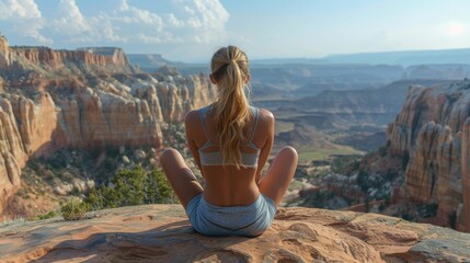 Wall Mural - A contemplative woman in airy athletic wear finds balance in lotus position on a high cliff, namaste facing the vast sky