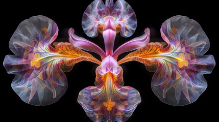 Wall Mural - a computer generated image of a flower in pink, orange, yellow, and white colors on a black background.