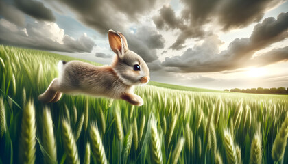 A bunny rabbit jumping in the grass