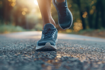 Wall Mural - Male feet running in sport shoes on park path