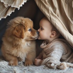 Wall Mural - A babys first kiss given to the nose of a gentle puppy, sitting together under a soft blanket fort in the living room, symbolizing the beginning of many shared adventures 