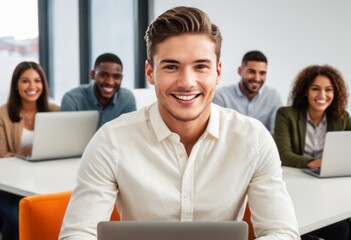 Poster - Handsome businessman with a charming smile in the office with colleagues in the background. His demeanor is confident and happy.