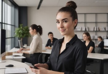 Poster - A confident businesswoman during a meeting. Her black outfit and professional posture assert her presence in the corporate scene.