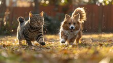 A Cat And A Dog Playfully Wrestling In The Backyard, Their Movements A Dance Of Friendship And Fun