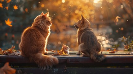 Wall Mural - A cat and a dog sitting together on a park bench, gazing at passing birds on a warm afternoon