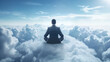 A serene scene featuring a businessman in a suit meditating atop a cloud-covered landscape, symbolizing peace and clarity
