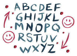 Wall Mural - Handwritten alphabet with marker pen brush. 26 letters a to z. Writing with thick thickness, stripped and relaxed. Hand drawn, graphic resource, layout, design. Complete font, abc type with emojis.