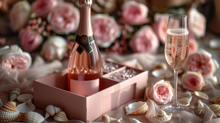 Canvas Print - Champagne bottle and  glasses of champagne on a background of flowers