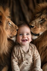 Canvas Print - portrait of a skinny smiling BABY surrounded by two kissing Lions. 