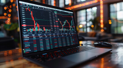 Stockmarket online trading chart candlestick on crypto currency platform. Stock exchange financial market price candles graph data pattern analysis concept. Computer screen closeup