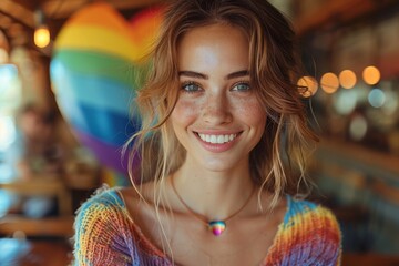 Poster - smiling bautiful model woman, perfect skin, holding baloon heart shape wirh lgtb flag colors on it, studio shot background 