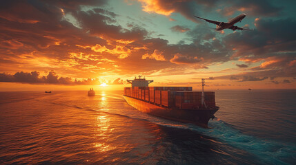 Logistics and transportation of International Container Cargo ship and cargo plane in the ocean at twilight sky, Freight Transportation, Shipping