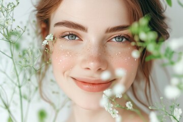 Canvas Print - young happy beautiful woman with natural makeup, natural background, white and green colors 