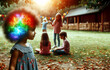 young African-American girl with a rainbow image of a puzzle on her head walks on the playground of a kindergarten, a park with a place for copying