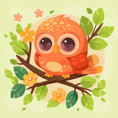 Wall Mural - Cute cartoon vector illustration of a bird sitting on a tree branch.