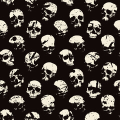 Poster - Seamless pattern with human skulls with stains and spatters. Vector background with sinister smiling skulls in grunge style. Graphic print for clothes, fabric, wallpaper, wrapping paper