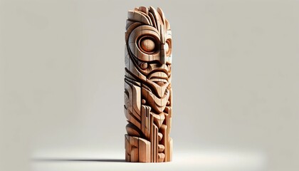 Carved Wooden Tiki Statue with Intricate Tribal Patterns