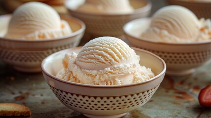 Sticker - a close up of a bowl of ice cream next to other bowls of ice cream with strawberries in the background.