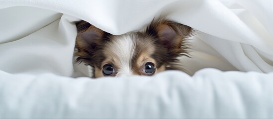 Sticker - A small mixed dog breed, with brown and white fur, is playfully peeking out from under a cozy white blanket. Its whiskers and snout are visible as it looks curiously at its surroundings