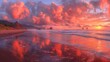 a painting of a sunset on a beach with waves crashing on the shore and the sun setting in the distance.