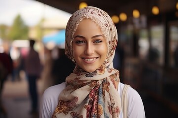 Middle eastern woman posing in vibrant arabian market setting, exuding charm and beauty