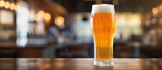 Wall Mural - A pint glass filled with amber liquid, namely beer, rests on a wooden table in a bar. The drinkware enhances the barware experience