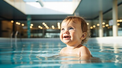 Wall Mural - Happy young boy smiling and having fun while playing in a colorful indoor swimming pool