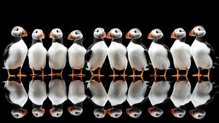 Poster - a group of birds standing next to each other in front of a black background with a reflection of them in the water.