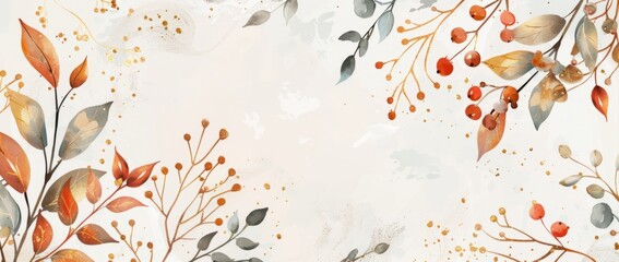 Poster - watercolor winter background with golden elements, branches and berries on light grey watercolor pap