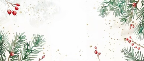 Poster - winter watercolor background, golden elements, light pastel colors, greenery branches and berries ge