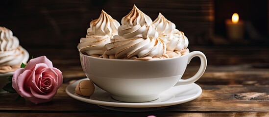 Poster - A delicious cup of coffee topped with fluffy meringue, served on a rustic wooden table. The perfect blend of flavors for a cozy morning drink