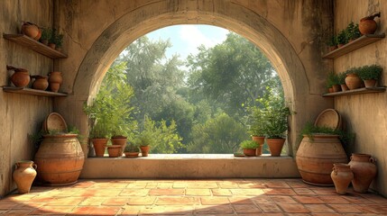 Poster - a bunch of potted plants sitting on a ledge in front of an arched window with a view of a forest.