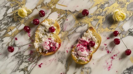 Poster - a marble table topped with two pieces of bread covered in whipped cream and cherries next to a yellow rose.