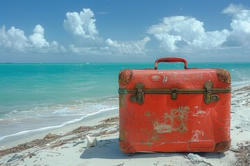 Old Vintage Red Travel Case on a Beach