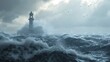 A lighthouse is seen in the middle of a stormy sea, AI