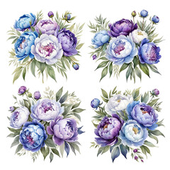 Wall Mural - set of 4 bouquet of violet and blue peonies, isolated, white background, clipart