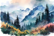 watercolor landscape with mountains and fog