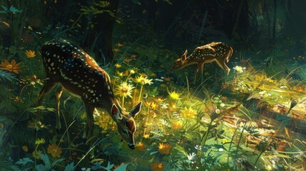 Poster - a couple of deer standing next to each other on a lush green forest filled with lots of wildflowers.