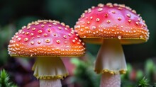 A Close Up Of Two Mushrooms In A Field Of Green And Red Plants With Gold Sprinkles On Them.