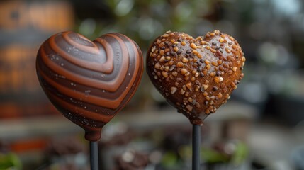 Poster - two heart shaped chocolate lollipops with sprinkles on them sitting on top of each other.