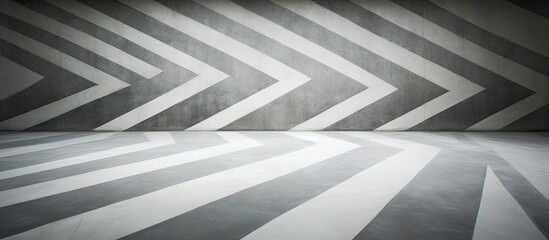 Poster - A monochrome photography of a room with wooden flooring and grey walls, featuring arrows on the walls and floor. The building shows shades of black and white in a patterned font
