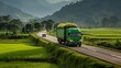 Eco conscious truck transporting goods in lush green scenery with breathtaking mountain backdrop
