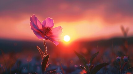 Canvas Print - A flower is in the middle of a field with sun setting, AI