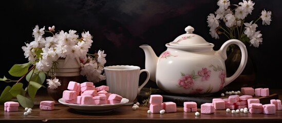 Poster - Tableware items such as a teapot and cup are displayed on the table alongside a bowl of marshmallows. These ingredients set the scene for a cozy cooking event in the kitchen