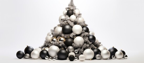 Canvas Print - A monochrome Christmas tree adorned with black and white Christmas balls standing tall against the sky, capturing the essence of the holiday season through still life photography