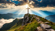 Divine Light: Cross on Mountain Peak Bathed in Sunrays, Easter Sunday, Sacrifice, redemption, salvation, eternal life