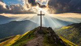Fototapeta  - Divine Light: Cross on Mountain Peak Bathed in Sunrays, Easter Sunday, Sacrifice, redemption, salvation, eternal life