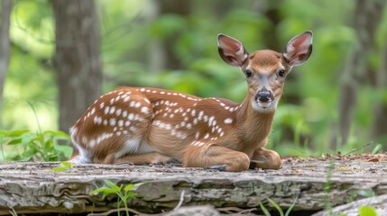 Wall Mural - a small deer laying on the ground in the middle of a forest with lots of trees and grass in the back