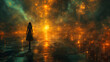 Silhouette einer Frau steht allein, dystopische Zukunft, Sonnenuntergang auf dem Wasser